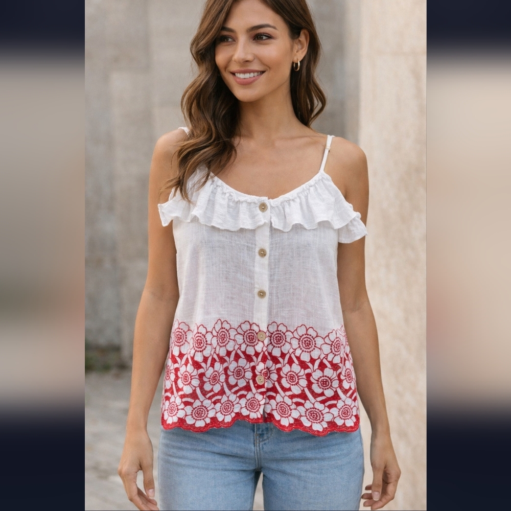 Hummingbird Blouse Size L Floral Ruffle Eyelet Sleeveless USA